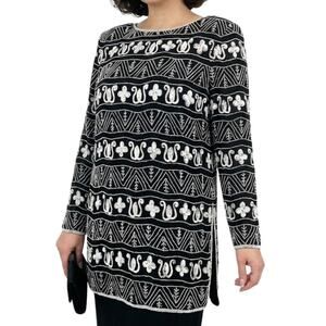 Vintage Adrianna Papell Black White Sequin Long Sleeve Tunic Top Size L Evening